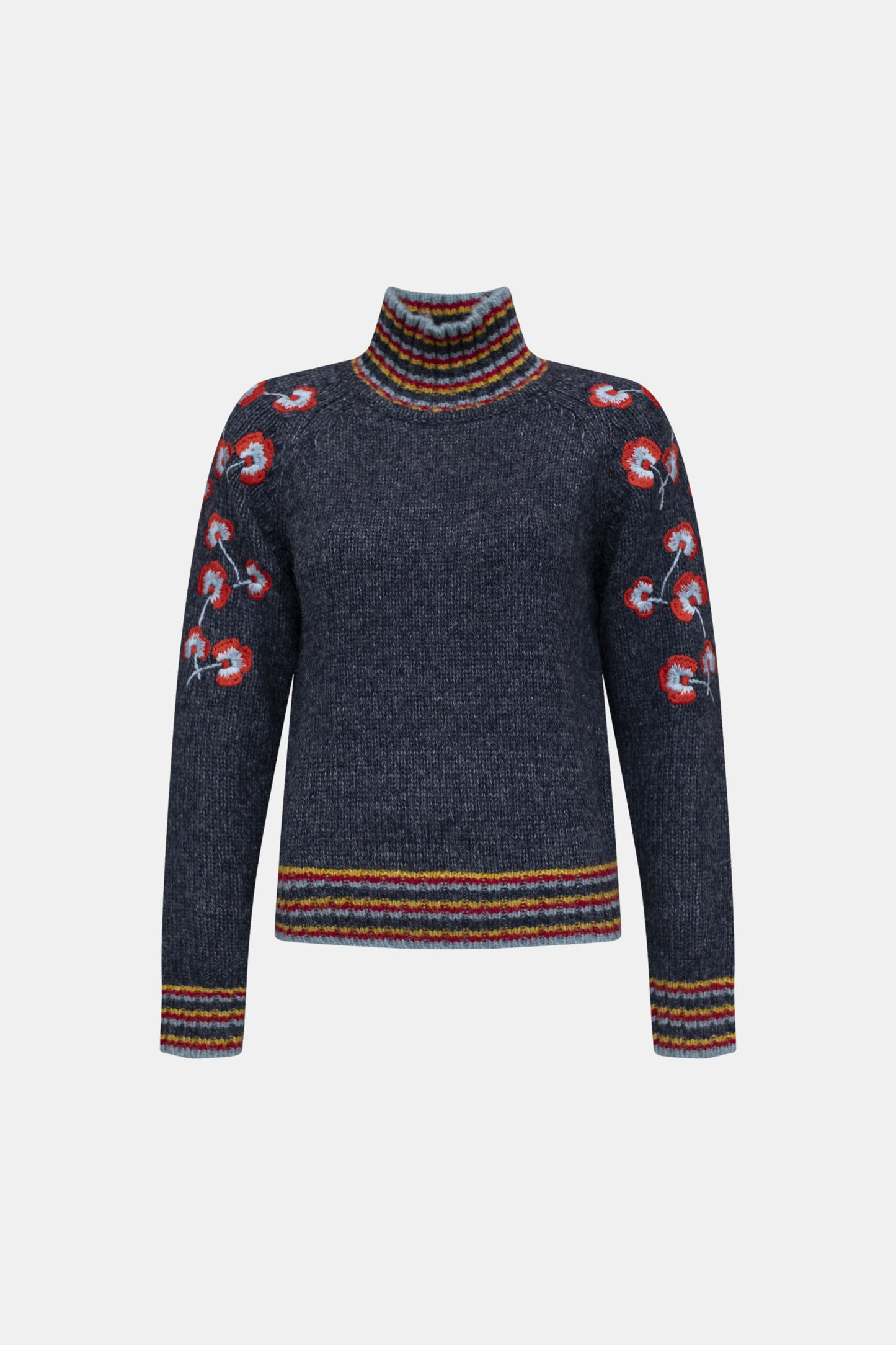 Dark blue sweater with colorful patterns on a white background