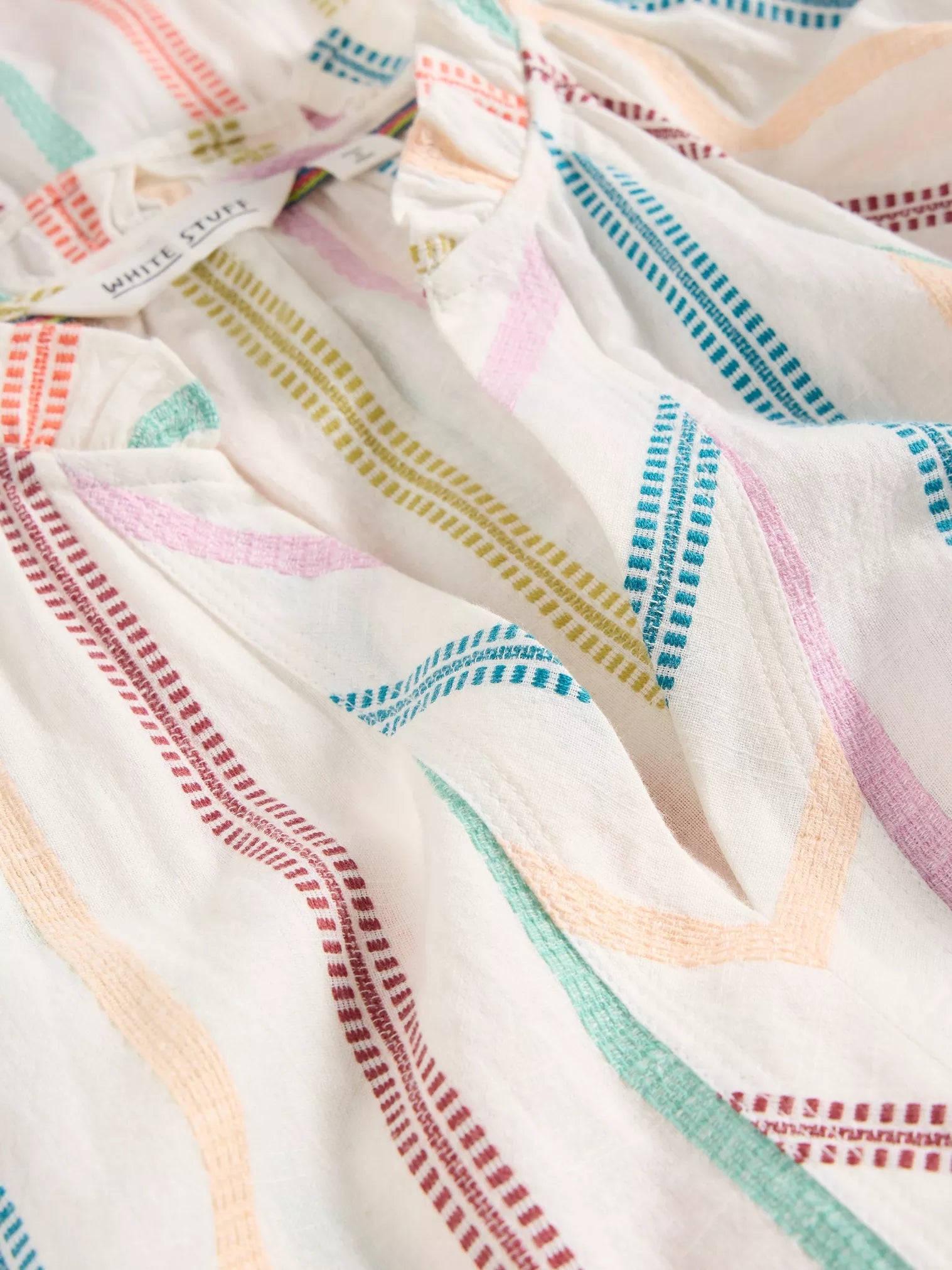 the Sophia Stripe Dress, a 100% organic cotton dress from White Stuff. This elegant dress boasts short sleeves, a notch neck, and a lovely tiered skirt. The dress is white with stunning colorful stripes to add a pop of colour to your wardrobe.