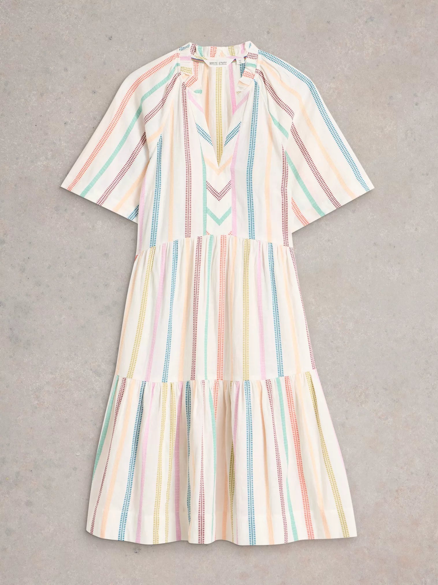 the Sophia Stripe Dress, a 100% organic cotton dress from White Stuff. This elegant dress boasts short sleeves, a notch neck, and a lovely tiered skirt. The dress is white with stunning colorful stripes to add a pop of colour to your wardrobe.