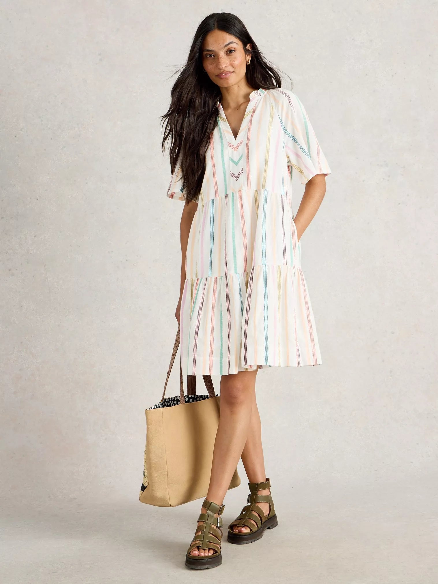 the Sophia Stripe Dress, a 100% organic cotton dress from White Stuff. This elegant dress boasts short sleeves, a notch neck, and a lovely tiered skirt. The dress is white with stunning colorful stripes to add a pop of colour to your wardrobe.