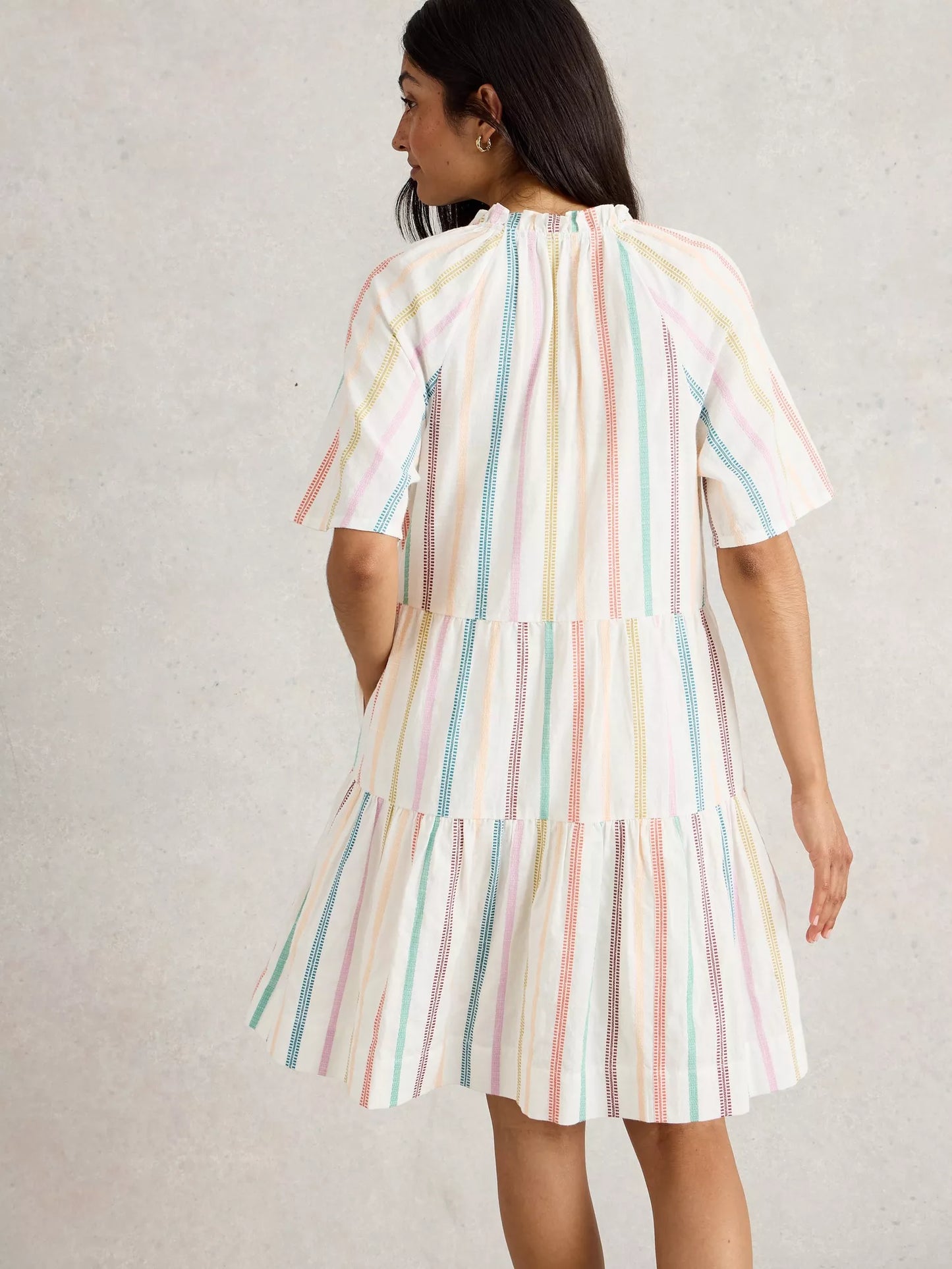 the Sophia Stripe Dress, a 100% organic cotton dress from White Stuff. This elegant dress boasts short sleeves, a notch neck, and a lovely tiered skirt. The dress is white with stunning colorful stripes to add a pop of colour to your wardrobe.