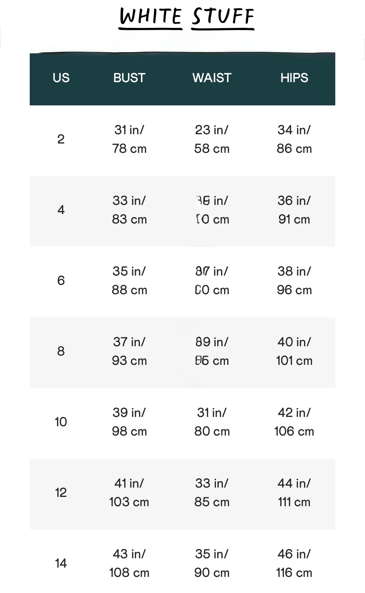 Size chart for 'White Stuff' clothing with measurements in US sizes.
