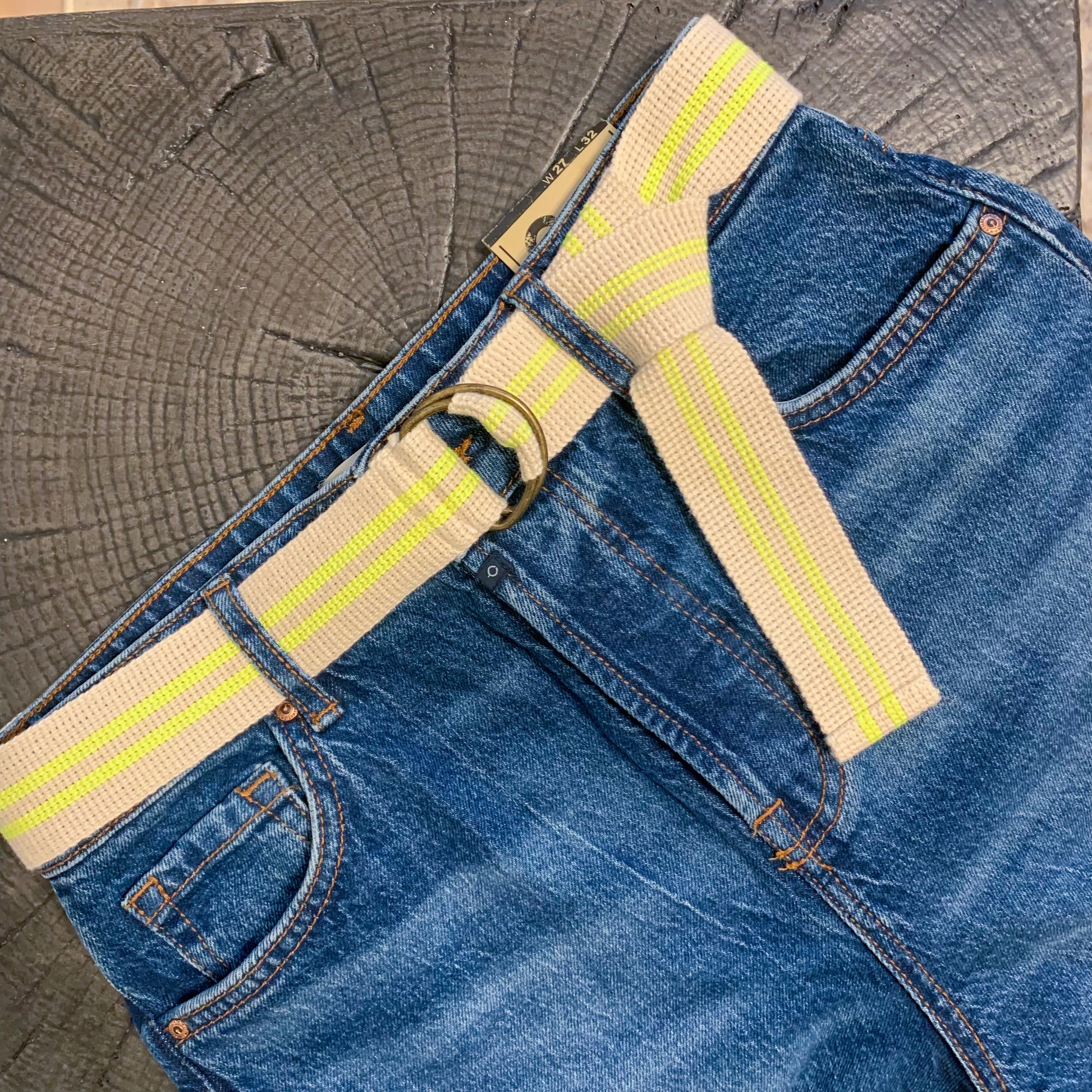 BODYBAG by Jude. The Striped Woven one size belt with adjustable D-ring closure in a cream with neon yellow stripes. lemon cyprus boutique