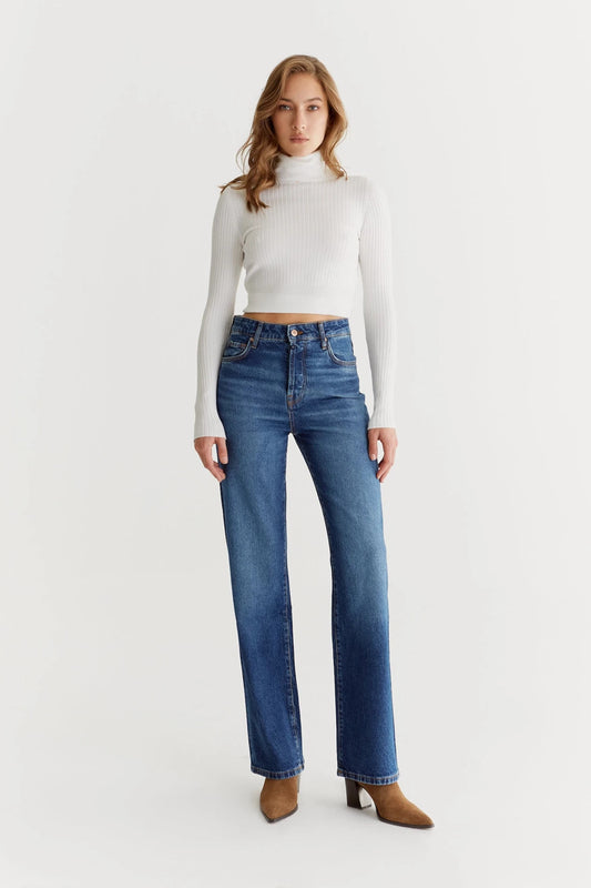 COJ jeans medium blue, High Waisted, 5 Pocket, Full, Wide Straight cut jeans designed to embrace curves for a slimming and flattering fit that can be paired with any look. lemon cyprus boutique