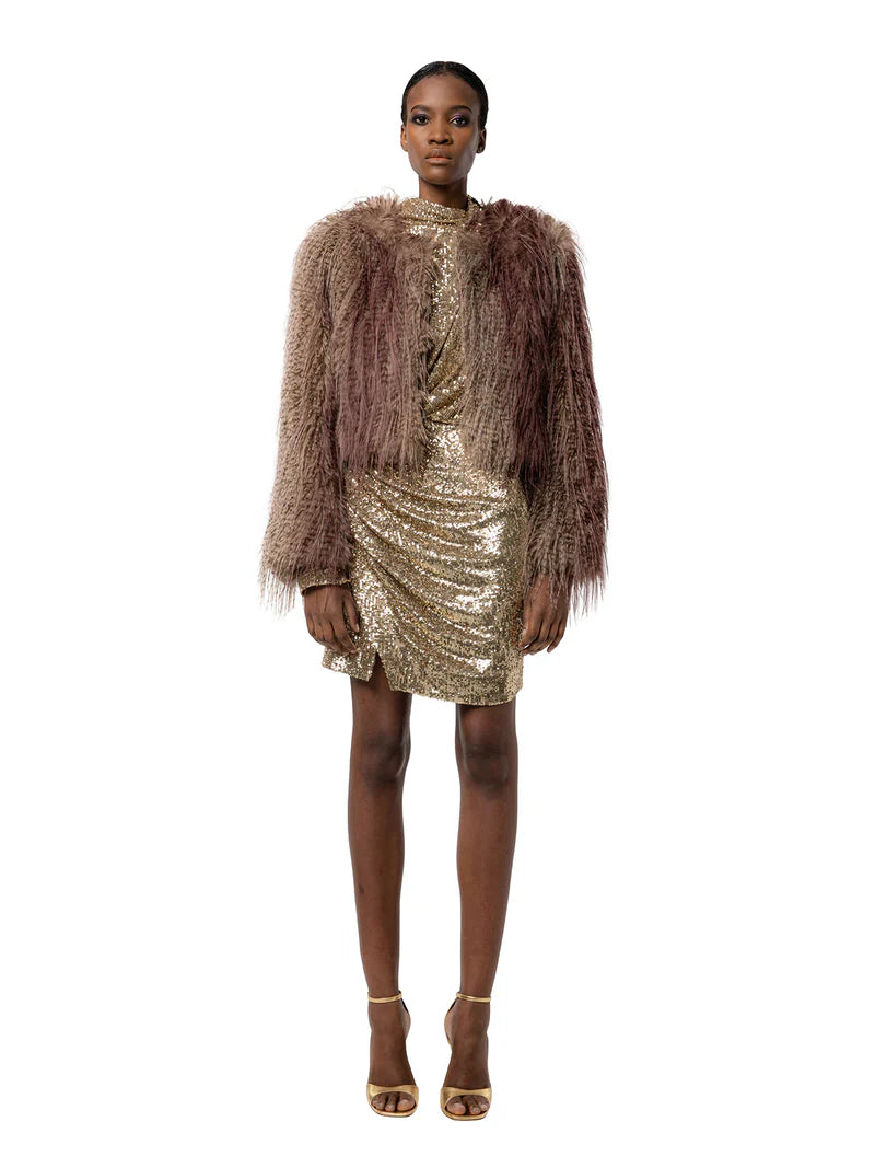 Model wearing a gold sequin dress with a brown fur coat on a white background