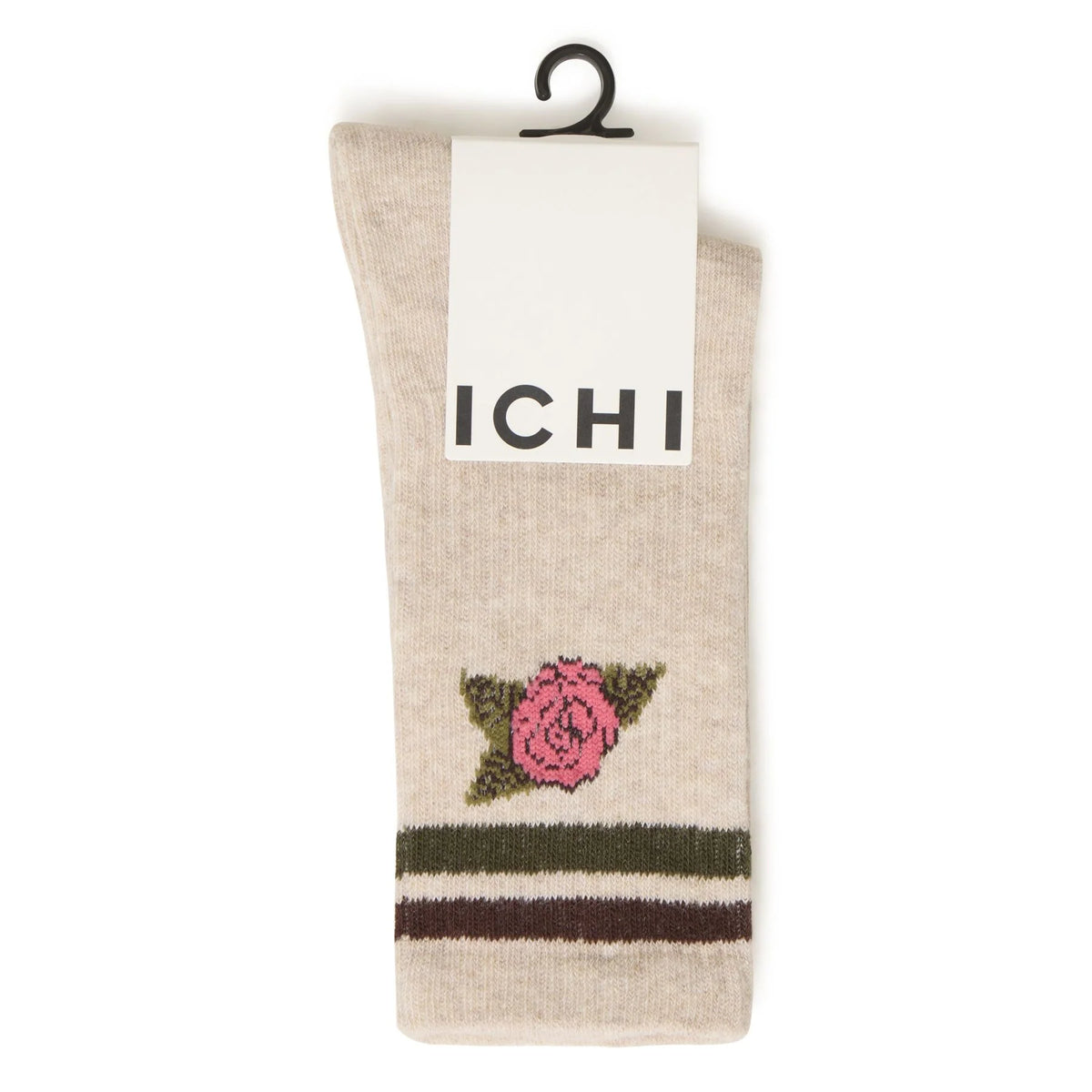 Pair of oatmeal crew socks with striped trim and pink embroidered rose by ICHI Accessories