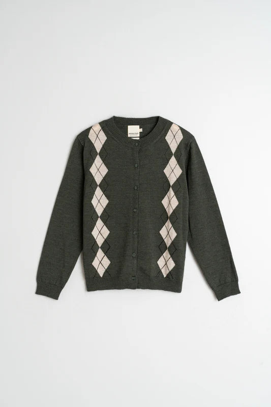 Dark gray sweater with argyle pattern on a light gray background