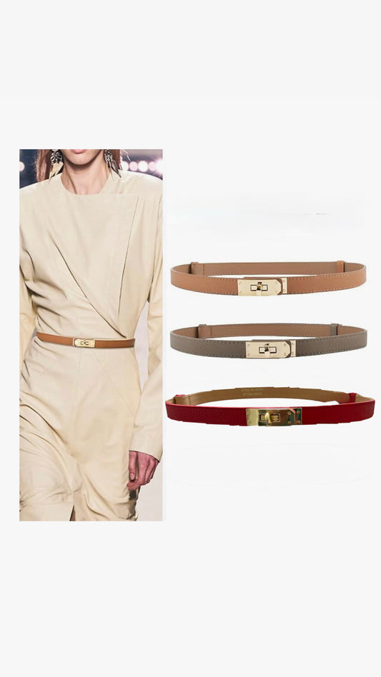 Three belts displayed with a person wearing a beige outfit on a white background