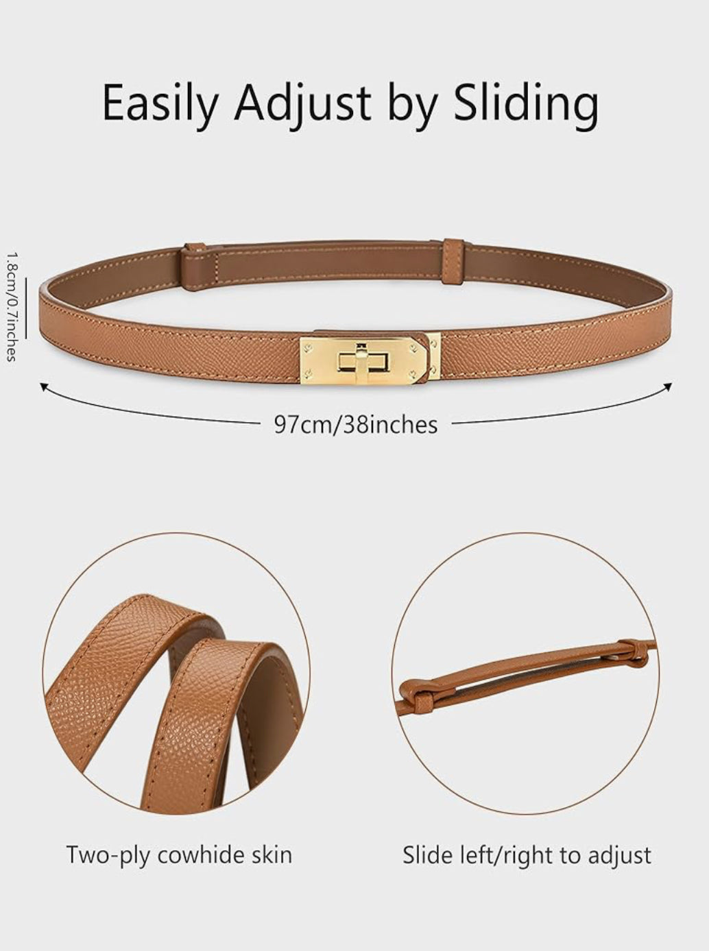Brown belt with gold buckle and adjustment mechanism on a white background