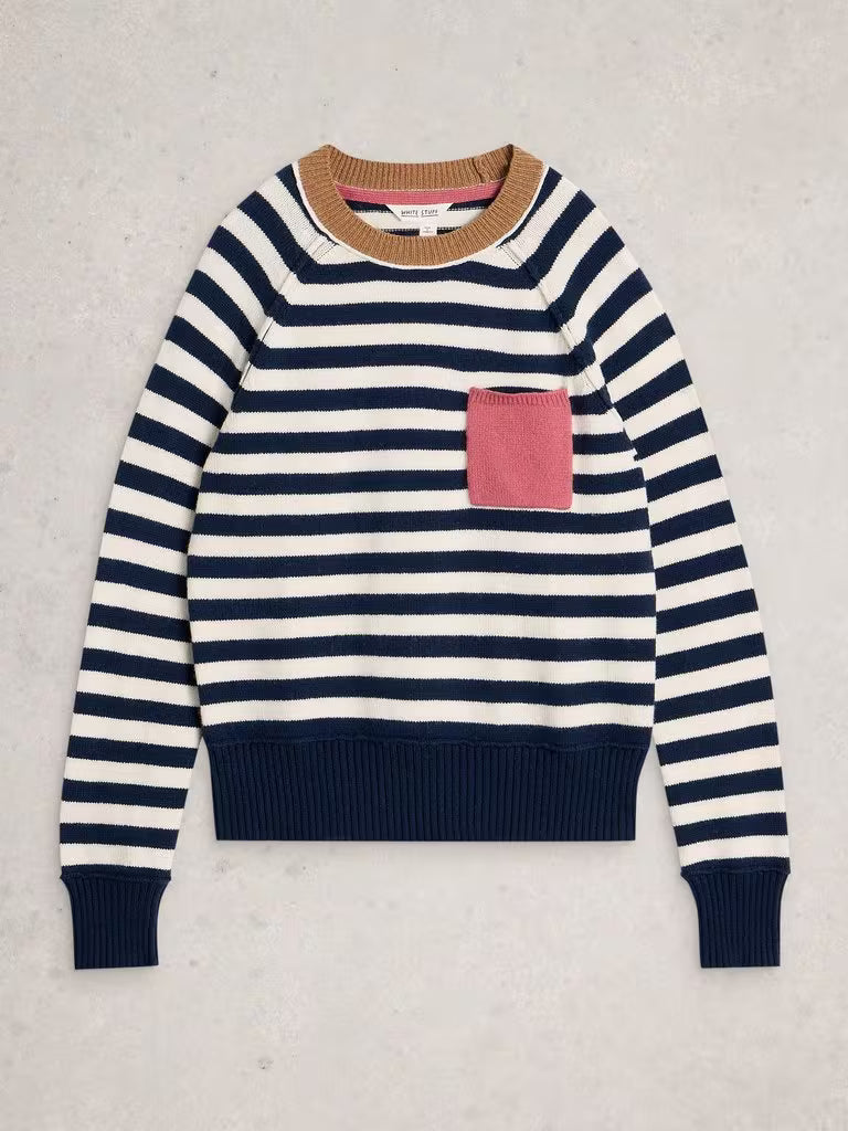Navy and white striped sweater with a pink pocket on a light gray background