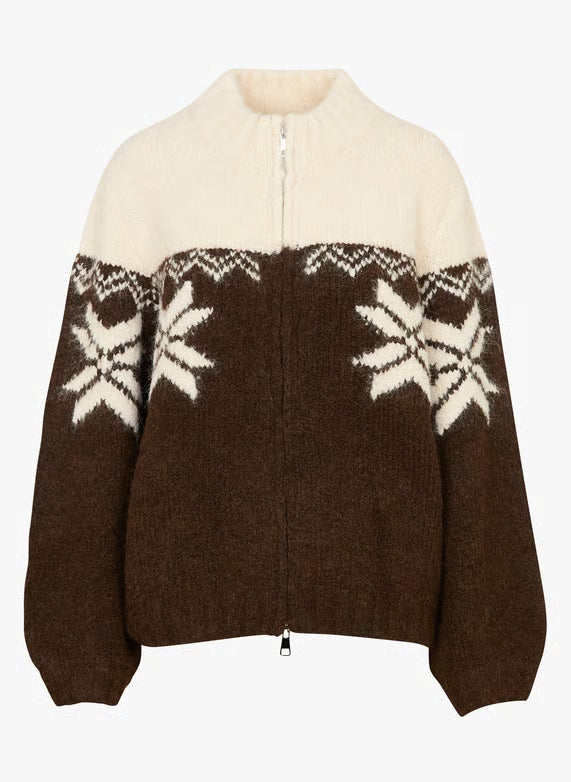 Brown and cream sweater with a patterned design on a white background