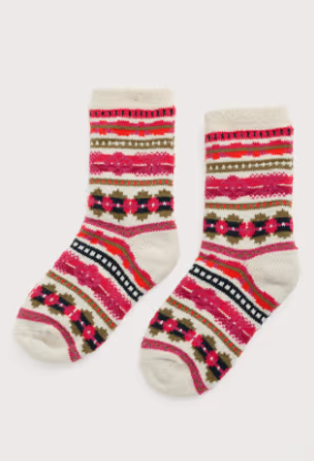 Pair of patterned socks with pink and red designs on a white background