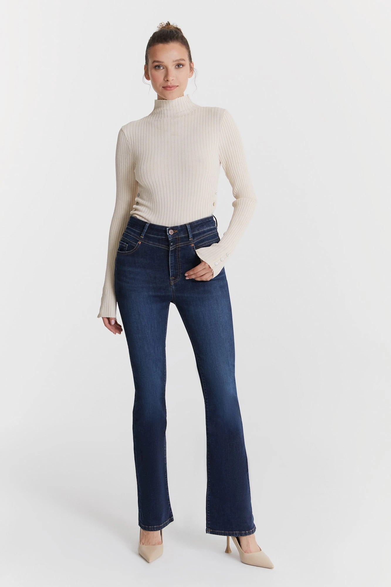 Dark denim, Shapely, 5-pocket, flared Matilda jeans by CoJ denim ~ designed to hug curves for a slenderizing and confident fit that pairs perfectly with any ensemble! Super-stretchy denim. lemon cyprus boutique