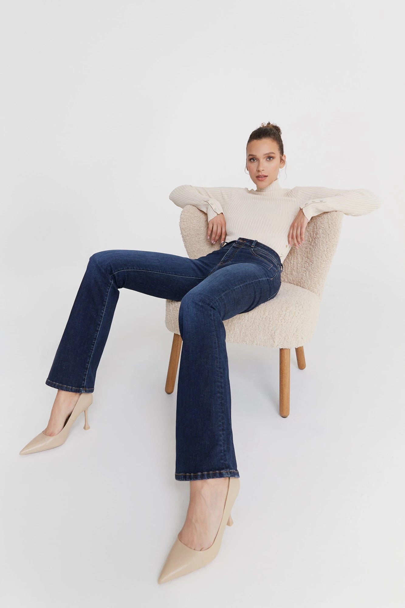 Dark denim, Shapely, 5-pocket, flared Matilda jeans by CoJ denim ~ designed to hug curves for a slenderizing and confident fit that pairs perfectly with any ensemble! Super-stretchy denim. lemon cyprus boutique