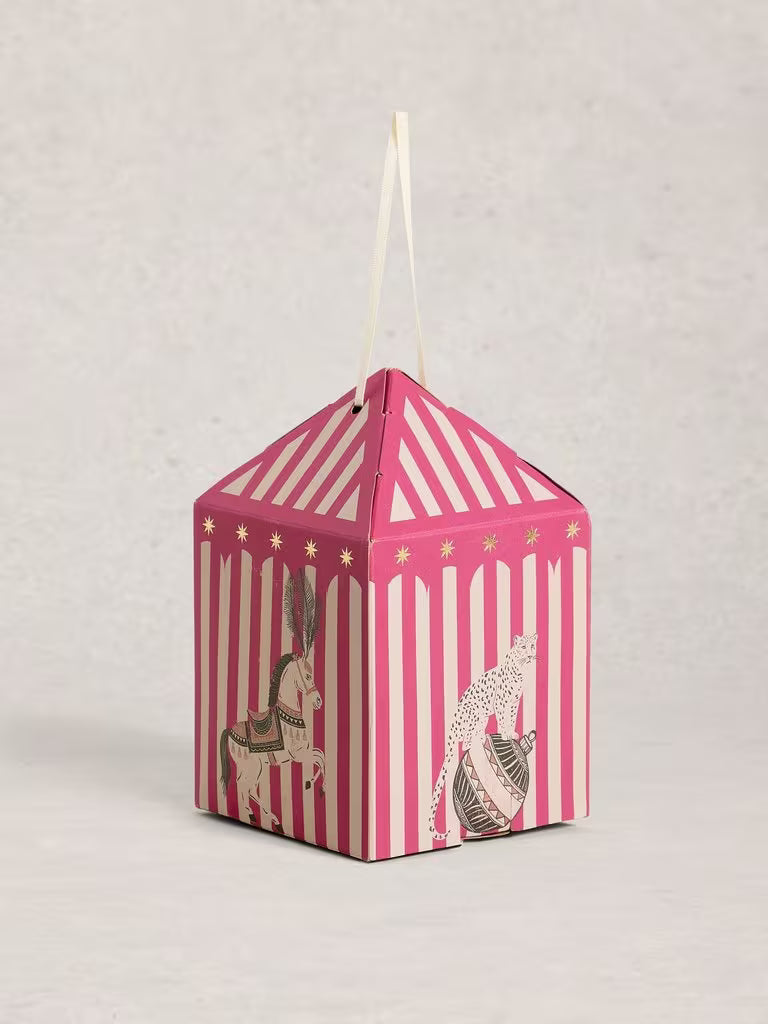 Pink and white striped toy tent with circus-themed illustrations on a light gray background