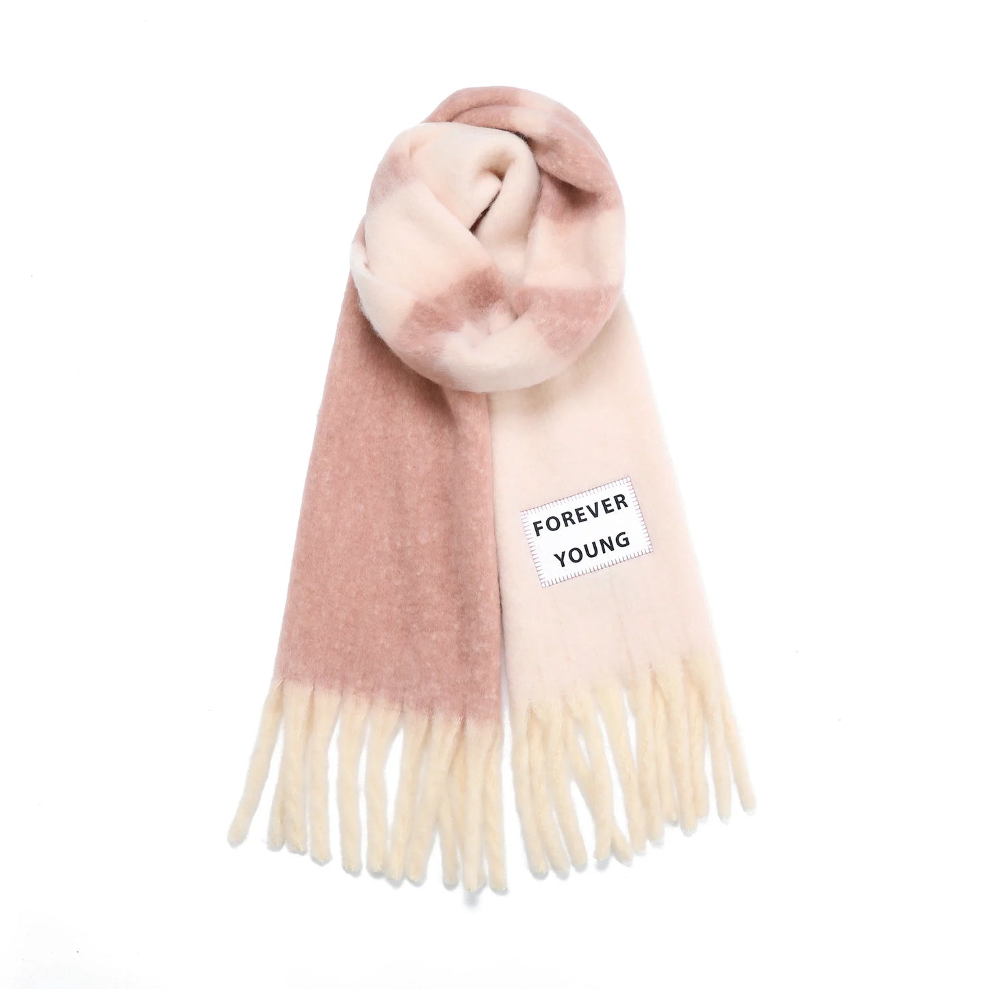 Pink and beige scarf with a 'Forever Young' tag on a white background