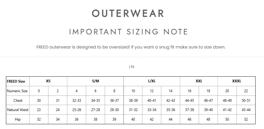 Sizing chart for FREED outerwear on a white background
