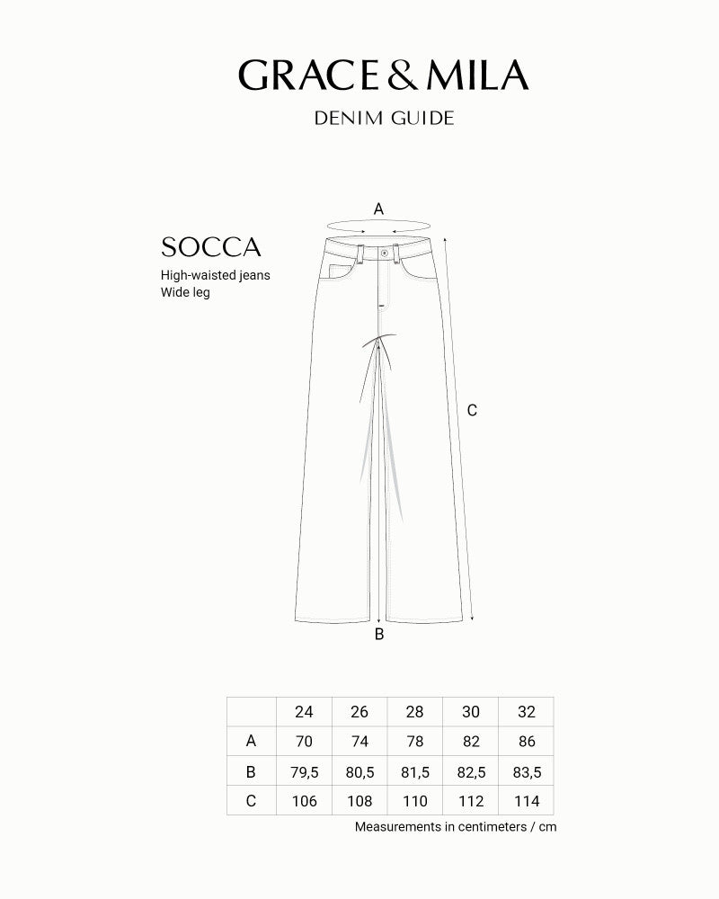 Diagram of high-waisted jeans with measurements for Grace & Mila brand