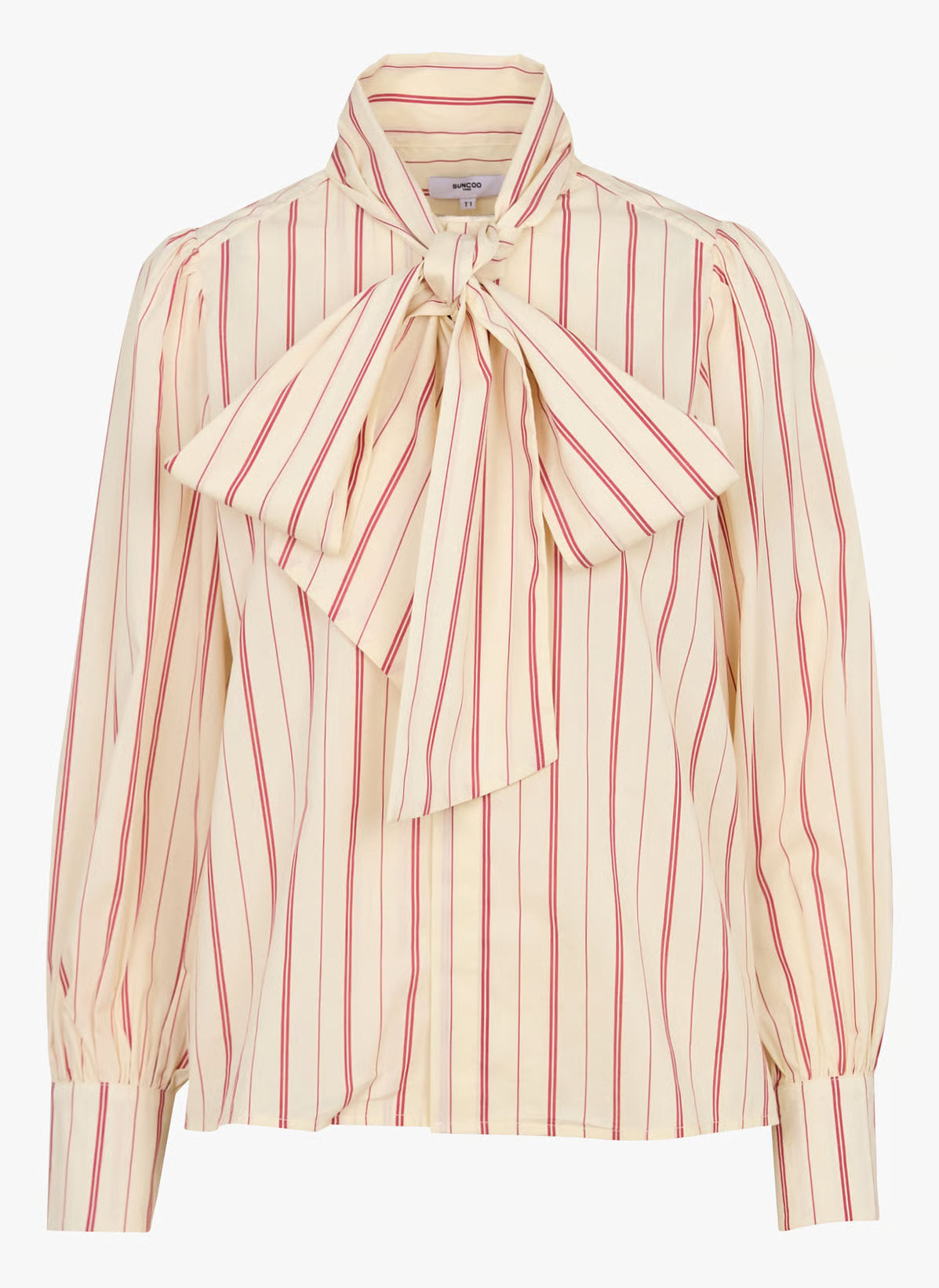 Striped blouse with a bow detail on a white background