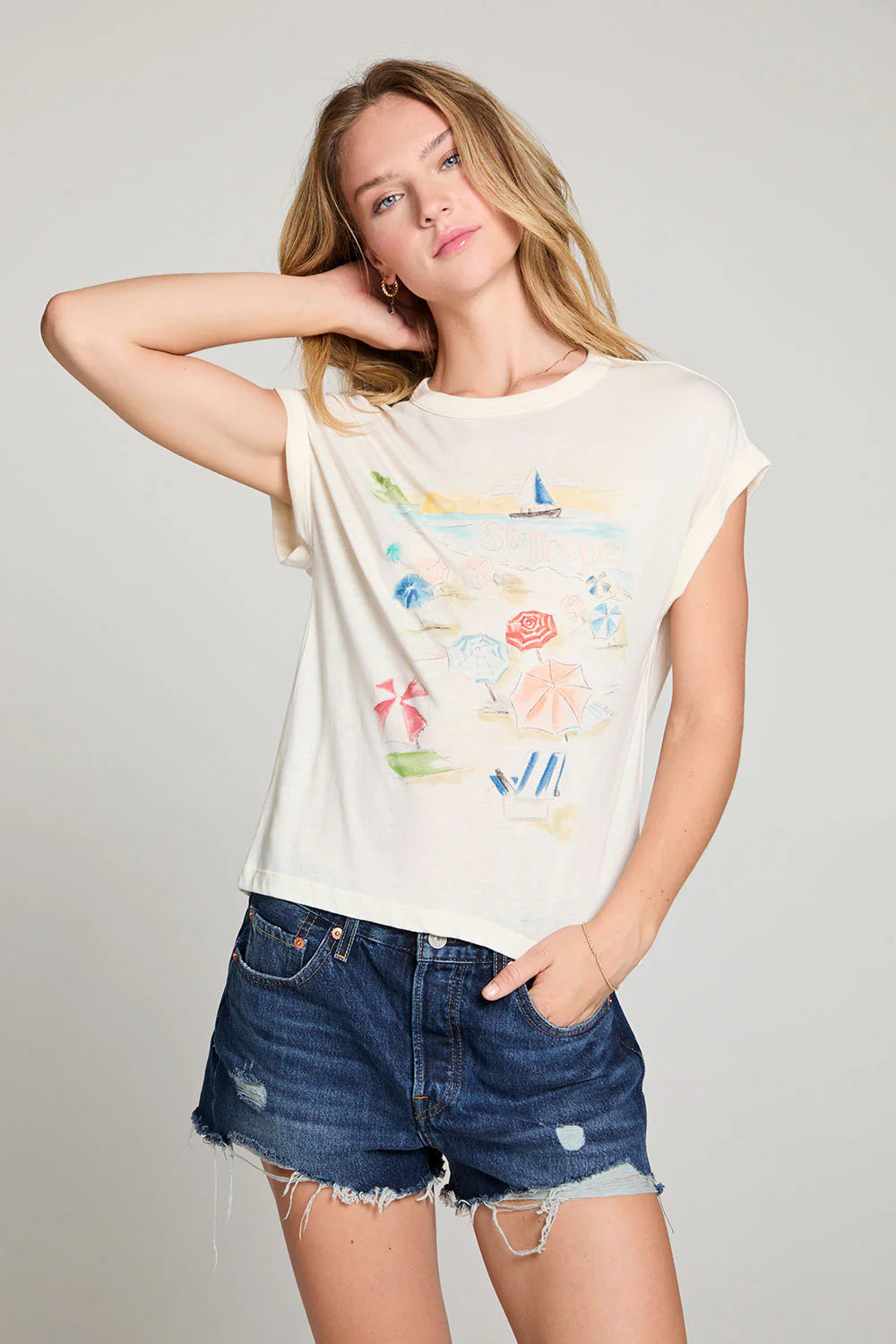 Unleash your inner artist with Chaser Brand's Painterly St Tropez Tee. The gentle watercolour pattern evokes the beaches of southern France, and the antique white fabric adds a touch of sophistication