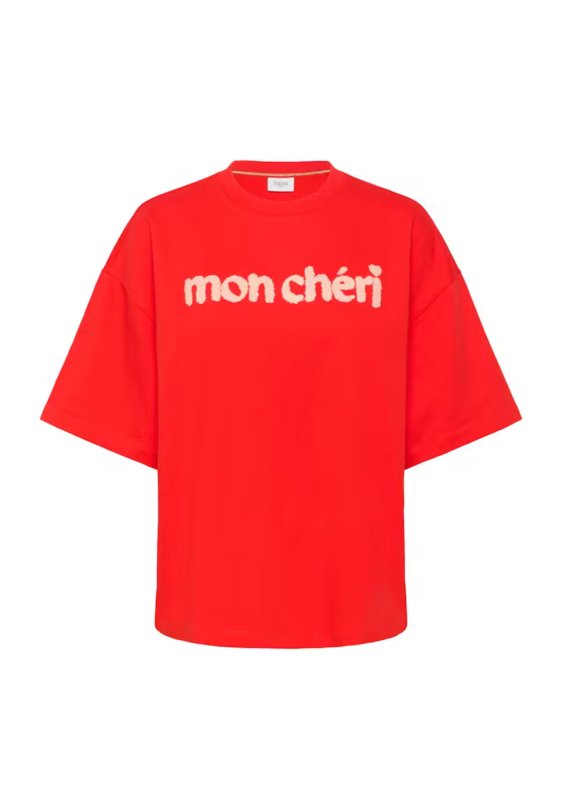 Red t-shirt with 'mon chéri' text on a white background