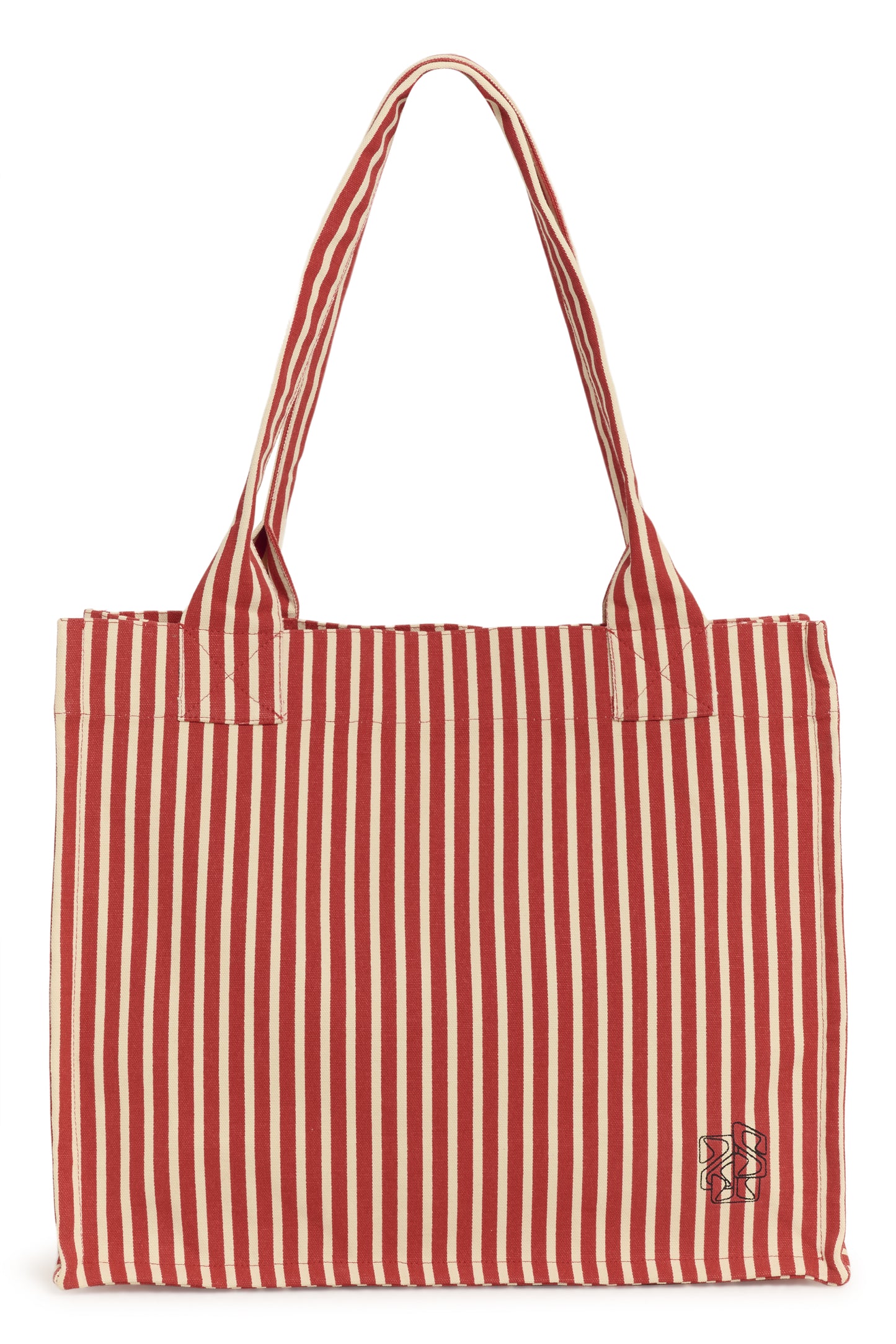 Red and white striped tote bag with a brand logo on a white background