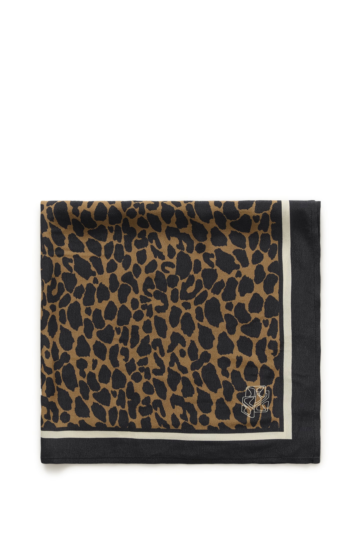 Leopard print fabric square with black border on a white background