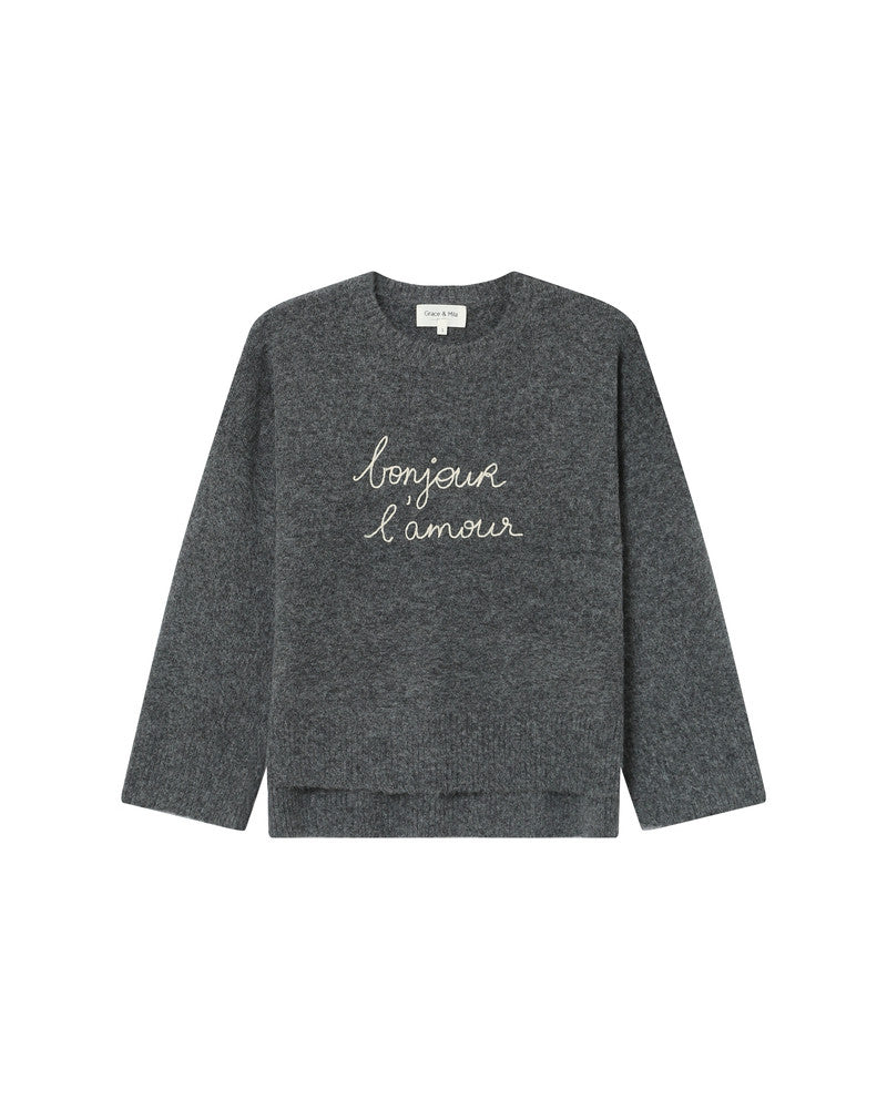 Gray sweatshirt with 'bonjour l'amour' text on a white background