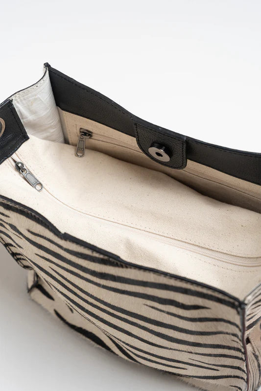 Close-up of a handbag with zebra print and black accents on a white background