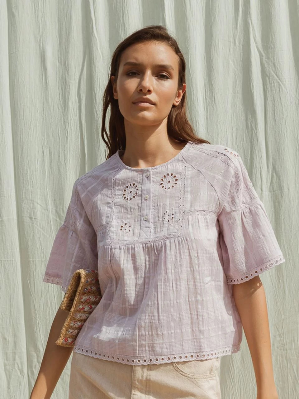 Fretwork Cotton Blouse - Lemon Cyprus