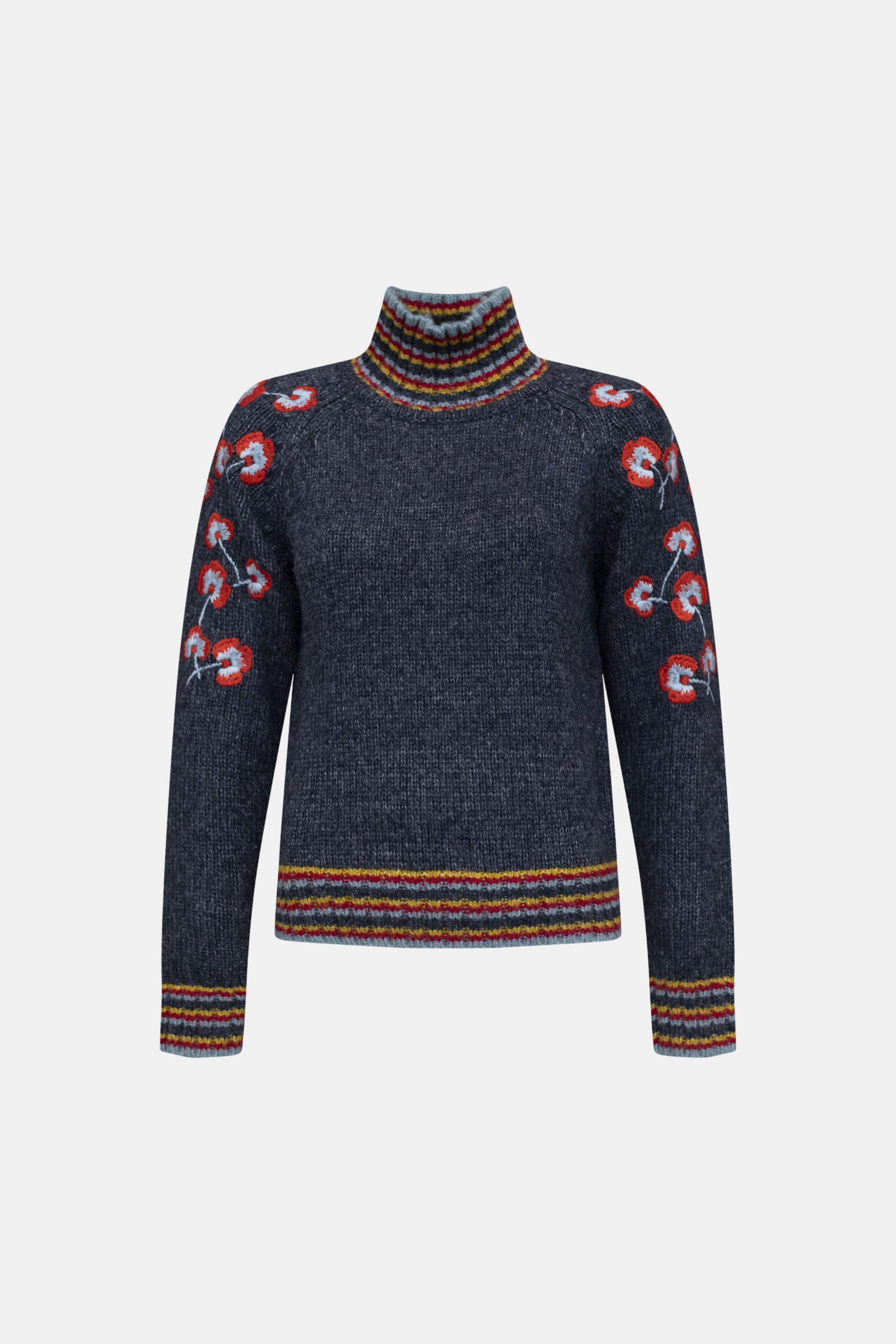 Dark blue sweater with colorful patterns on a white background