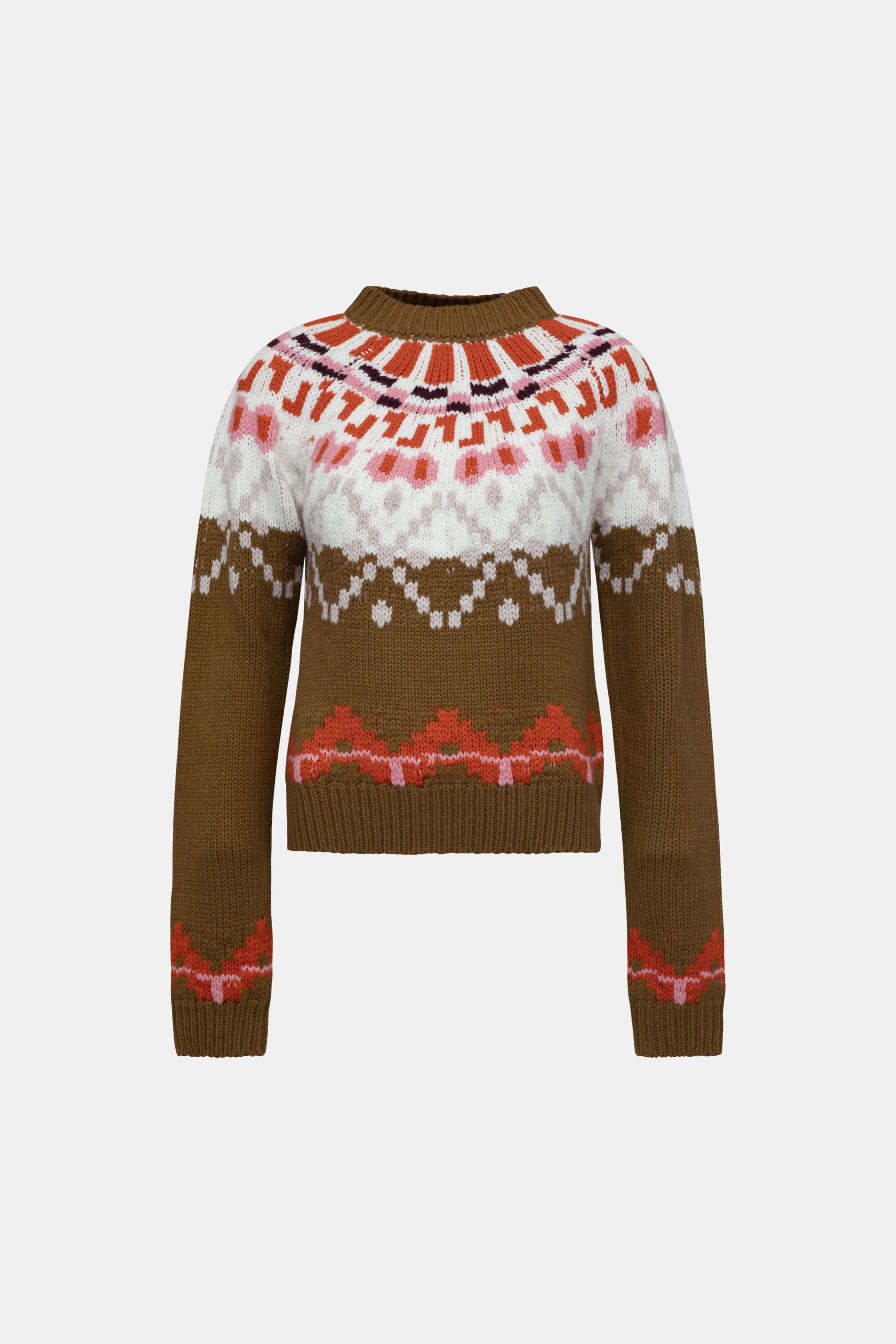 Brown and white patterned sweater on a light gray background
