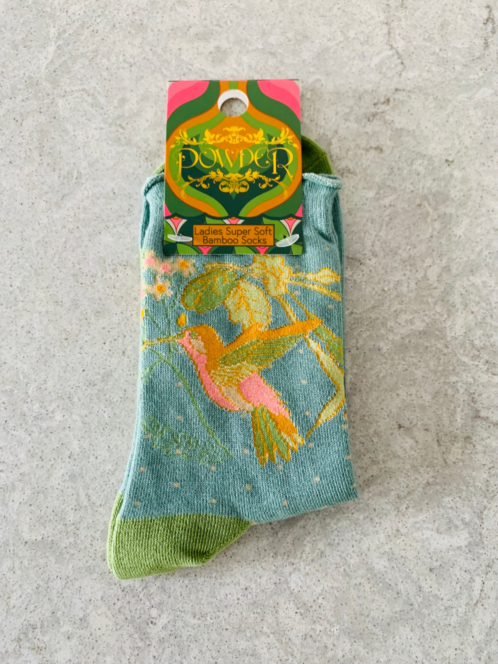 Crafted with bamboo, the Powder Uk ankle socks are ideal for topping off any footwear. The hummingbird pattern will whisk you away to a tropical paradise without ever leaving your feet!