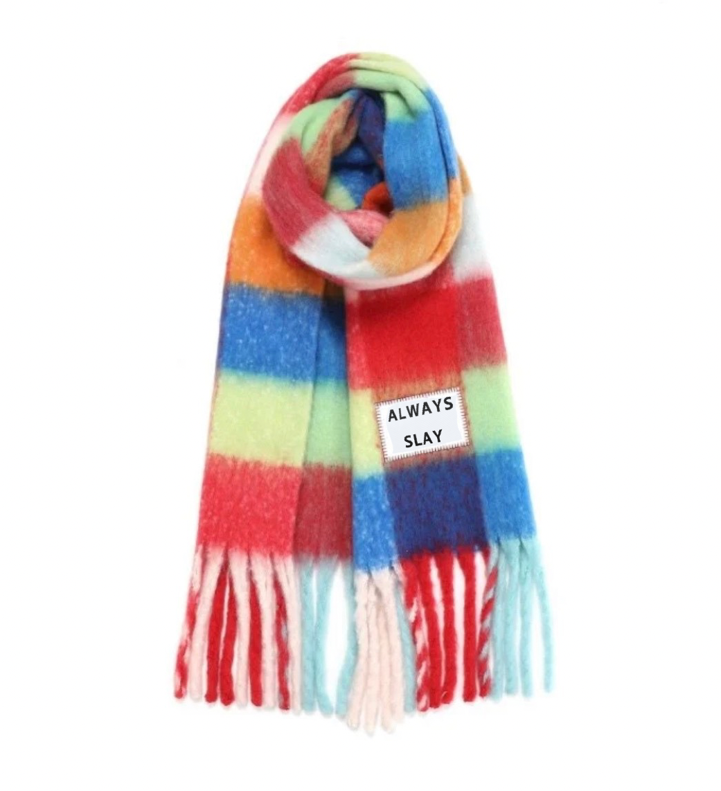 Colorful plaid scarf with a label saying 'Always Slay' on a white background