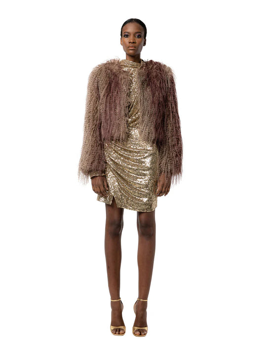 Model wearing a gold sequin dress with a brown fur coat on a white background