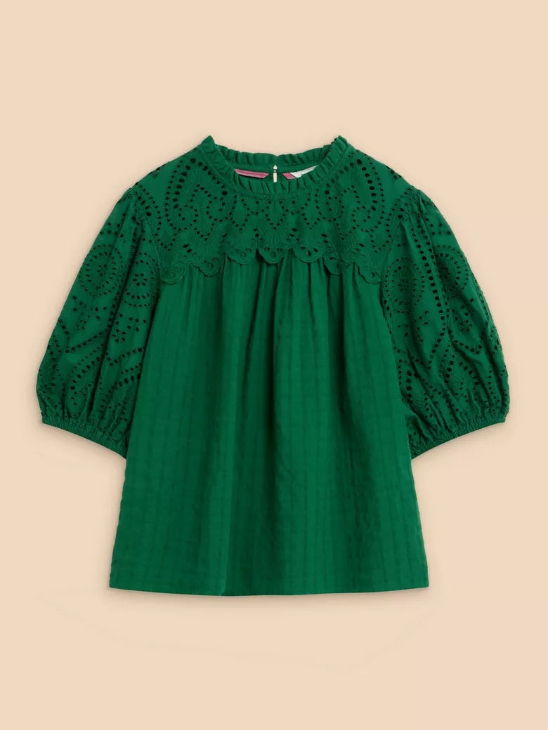 We’re never not thinking of rustling palm tree fronds. So a brilliant emerald green, textured topwith eyelet details&nbsp; just seemed like the natural next step, really.    Fabric: 100% Cotton  Fit: Round Neck, Short Sleeve, Classic Fit, True to size  Care: Machine Washable, lemon cyprus boutique
