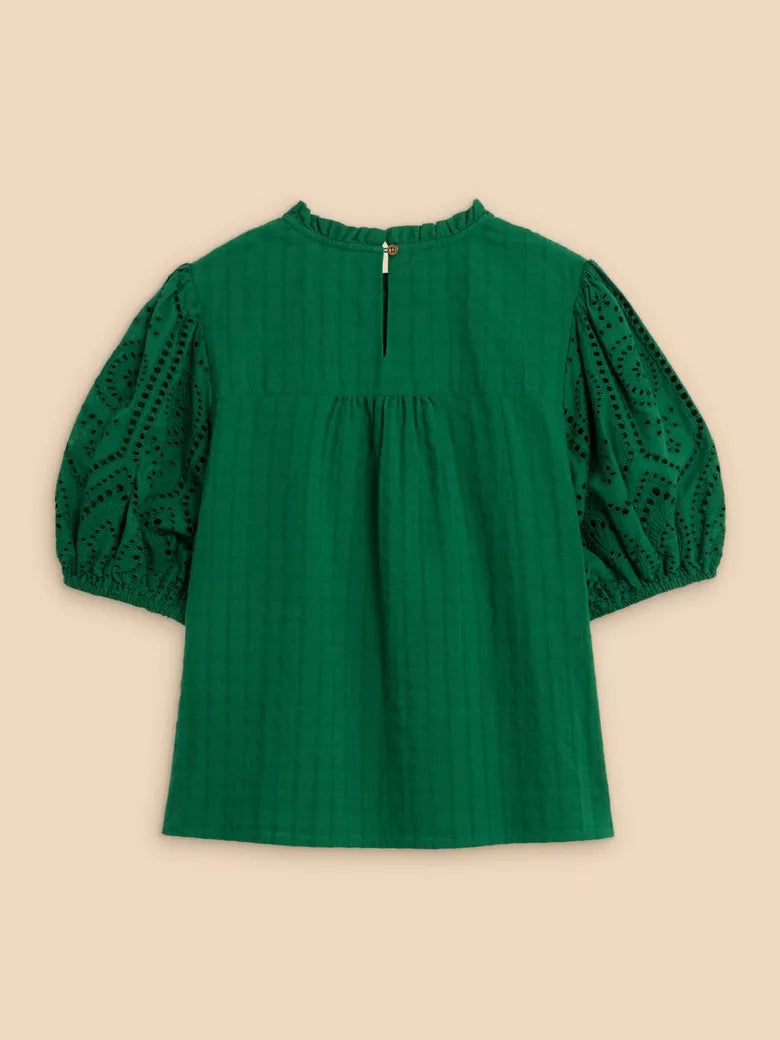 We’re never not thinking of rustling palm tree fronds. So a brilliant emerald green, textured topwith eyelet details&nbsp; just seemed like the natural next step, really.    Fabric: 100% Cotton  Fit: Round Neck, Short Sleeve, Classic Fit, True to size  Care: Machine Washable, lemon cyprus boutique