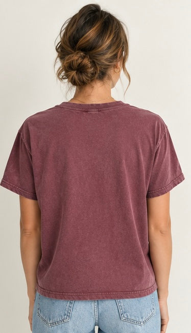 a plum vintage-wash graphic tee with “Always Remember Breathe” script print