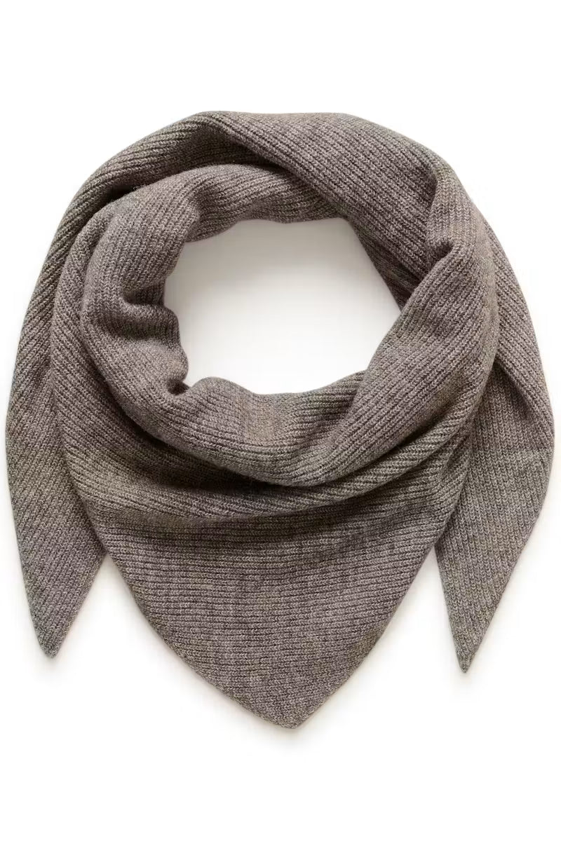 A gray ribbed knit triangular scarf, styled in a loop, on a plain white background.