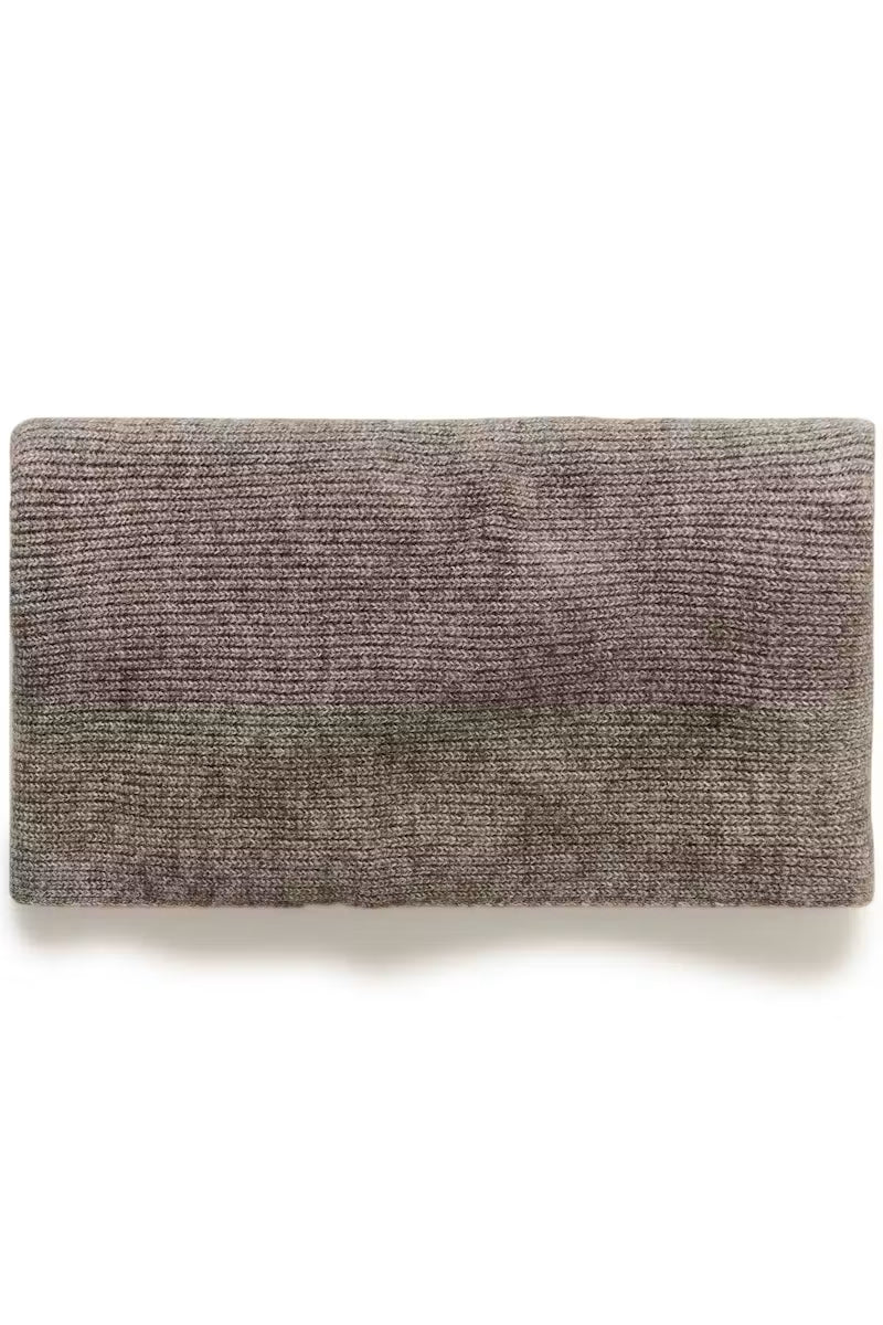 A rectangular ribbed knit clutch or envelope-style handbag in a heathered taupe-gray color, shown flat against a white background.