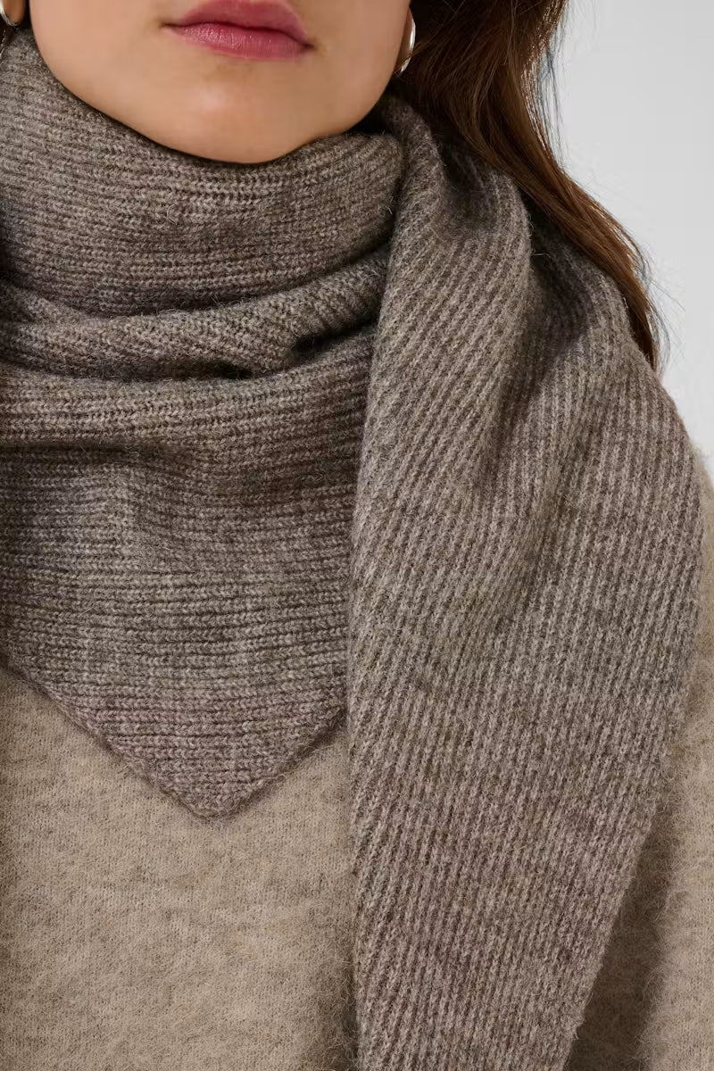 Close-up of a person wearing a thick ribbed knit scarf in taupe-brown and a beige sweater against a light gray background.
