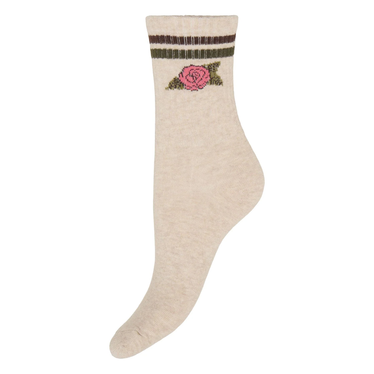 Pair of oatmeal crew socks with striped trim and pink embroidered rose by ICHI Accessories