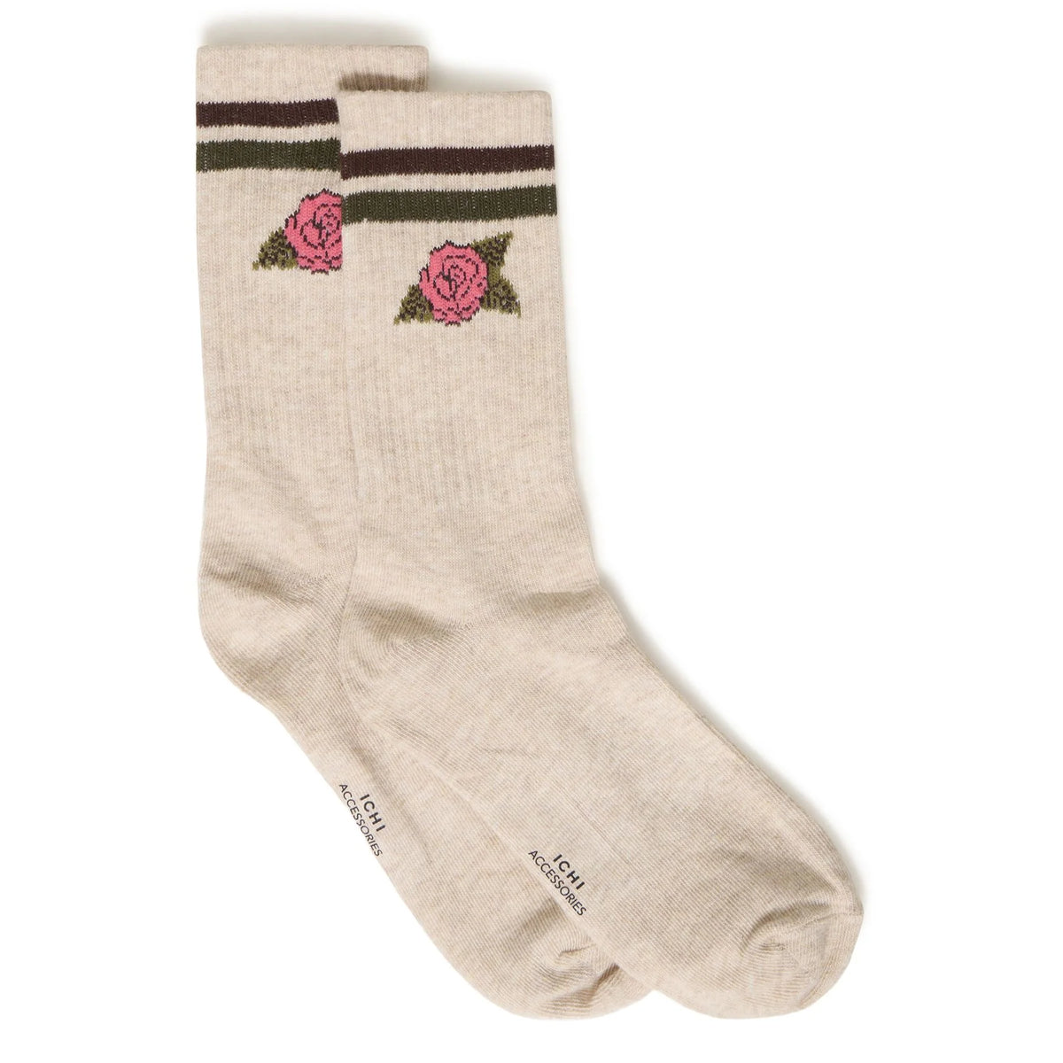 Pair of oatmeal crew socks with striped trim and pink embroidered rose by ICHI Accessories