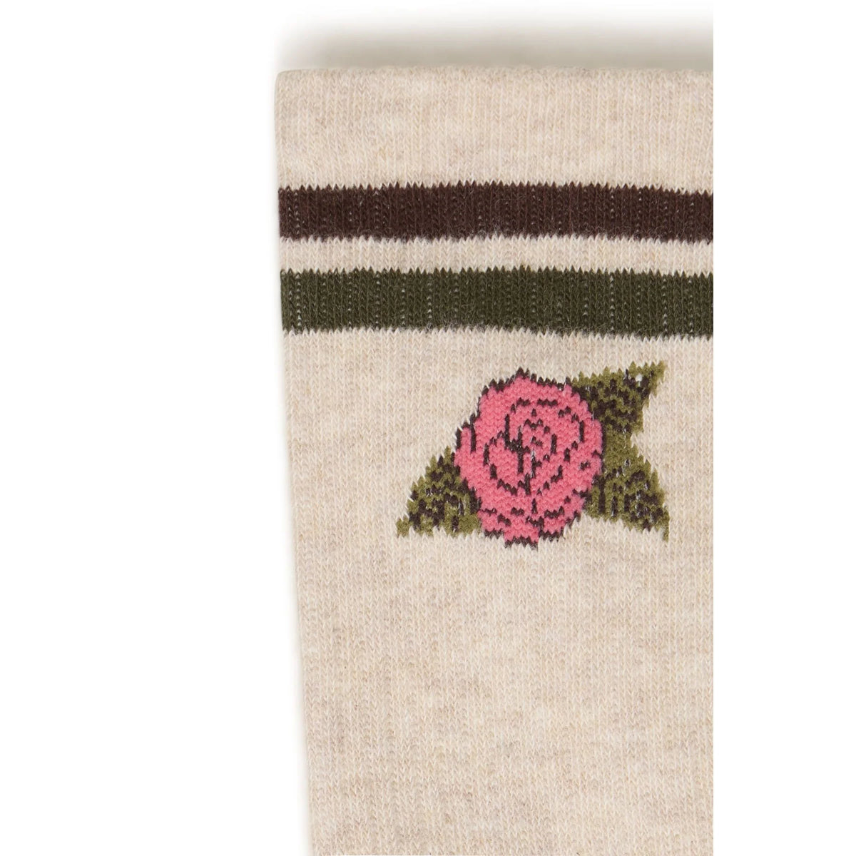 Pair of oatmeal crew socks with striped trim and pink embroidered rose by ICHI Accessories
