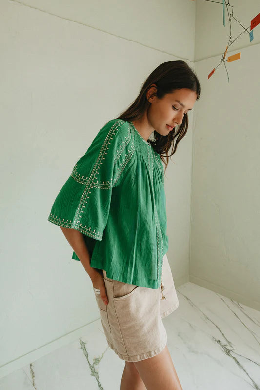 Woman wearing a green blouse with white trim in a minimal indoor setting