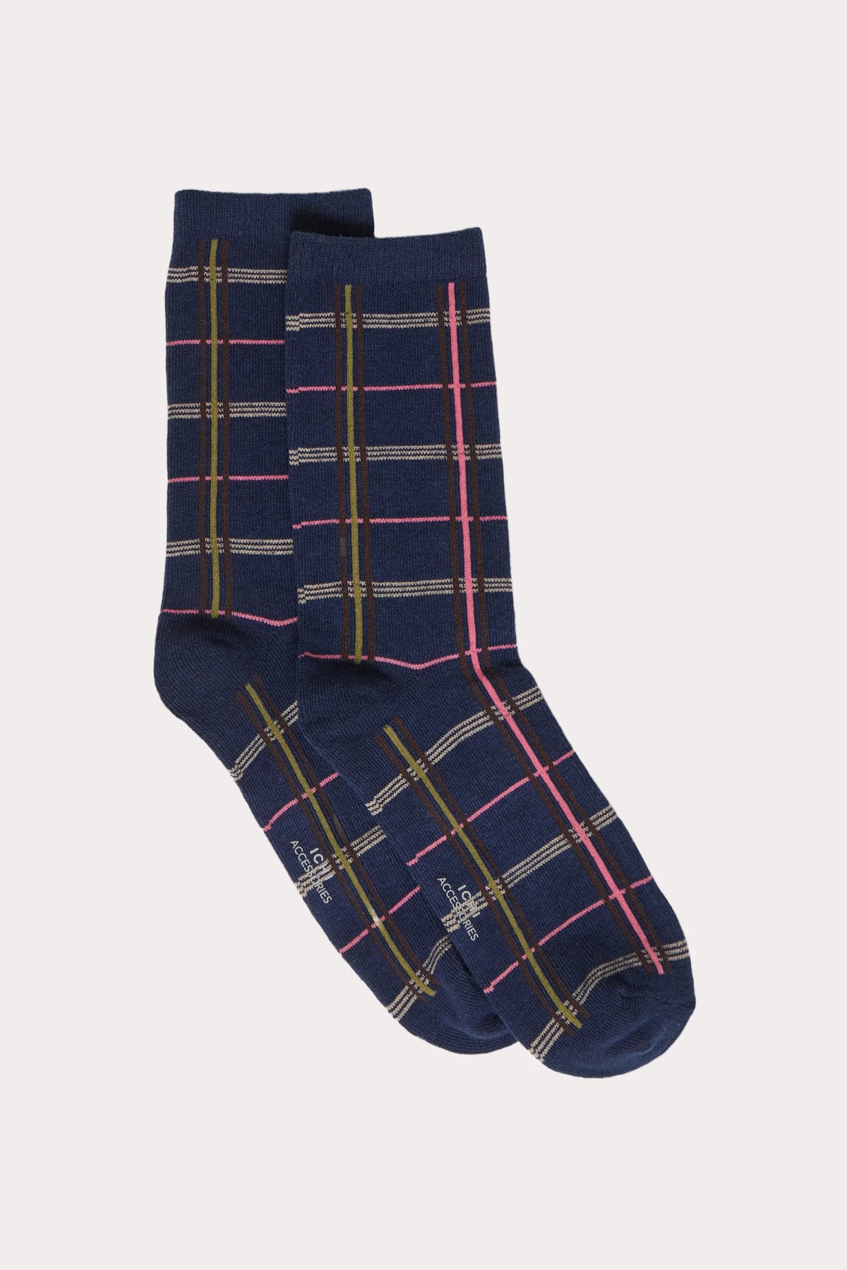 Pair of navy crew socks with pink, olive, and brown plaid pattern by ICHI Accessories