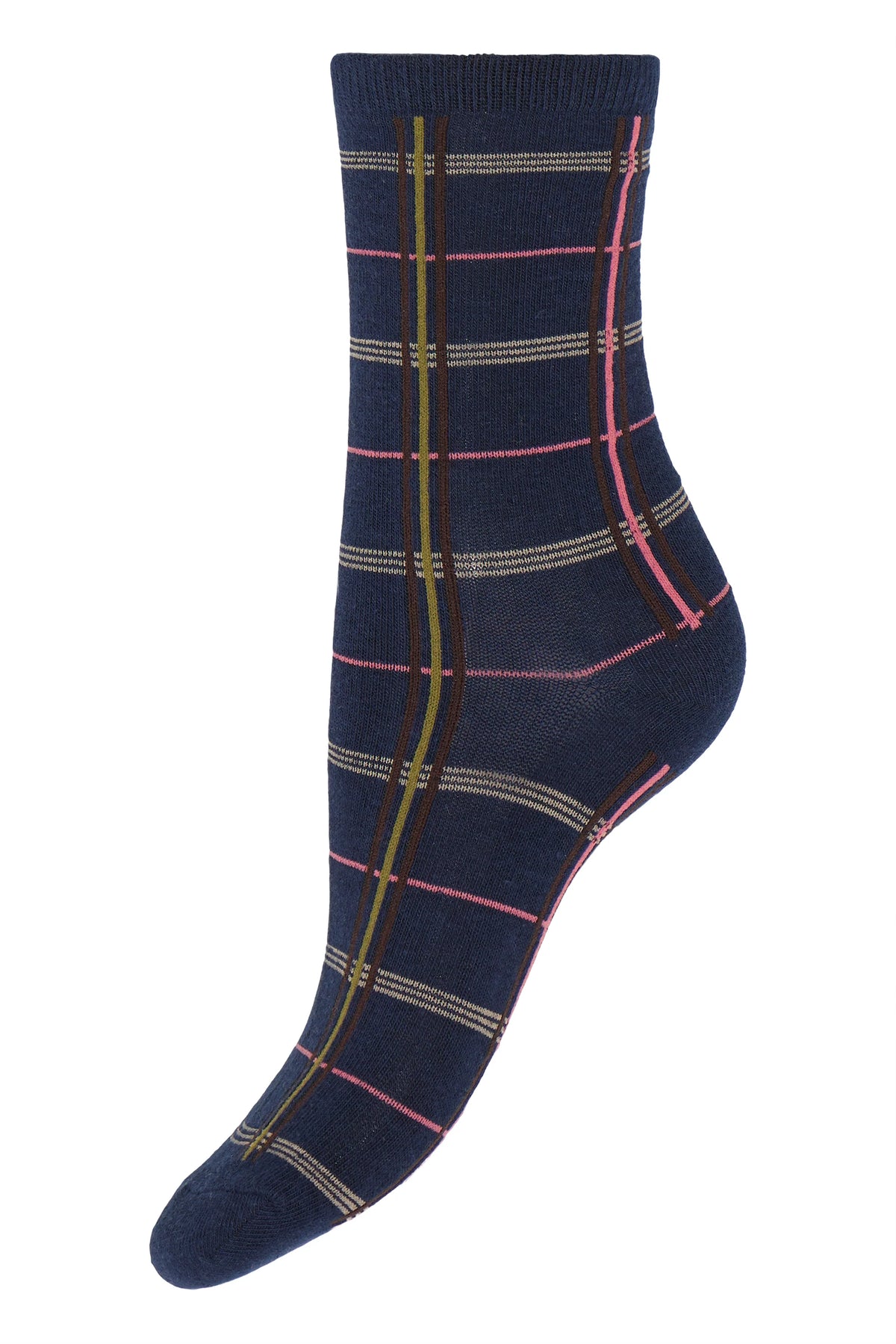 Pair of navy crew socks with pink, olive, and brown plaid pattern by ICHI Accessories