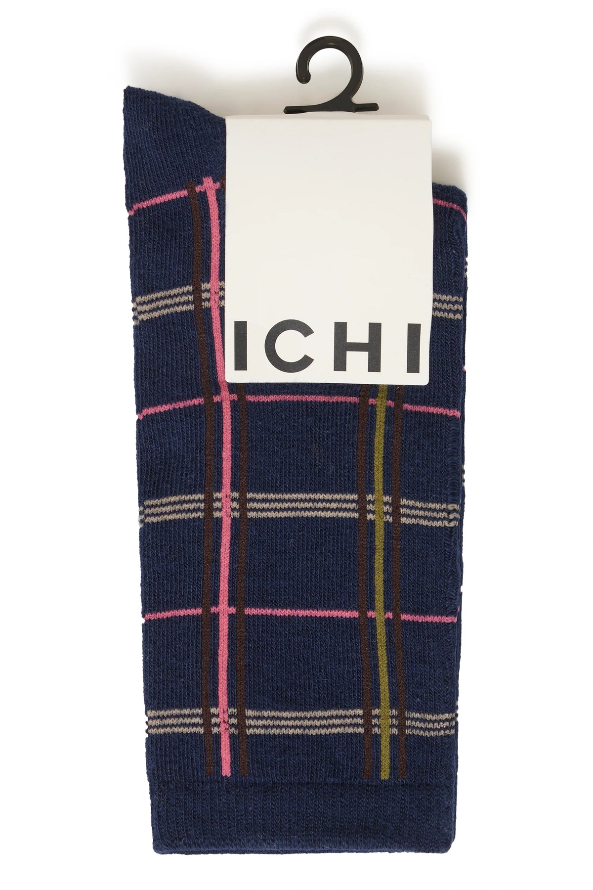 Pair of navy crew socks with pink, olive, and brown plaid pattern by ICHI Accessories