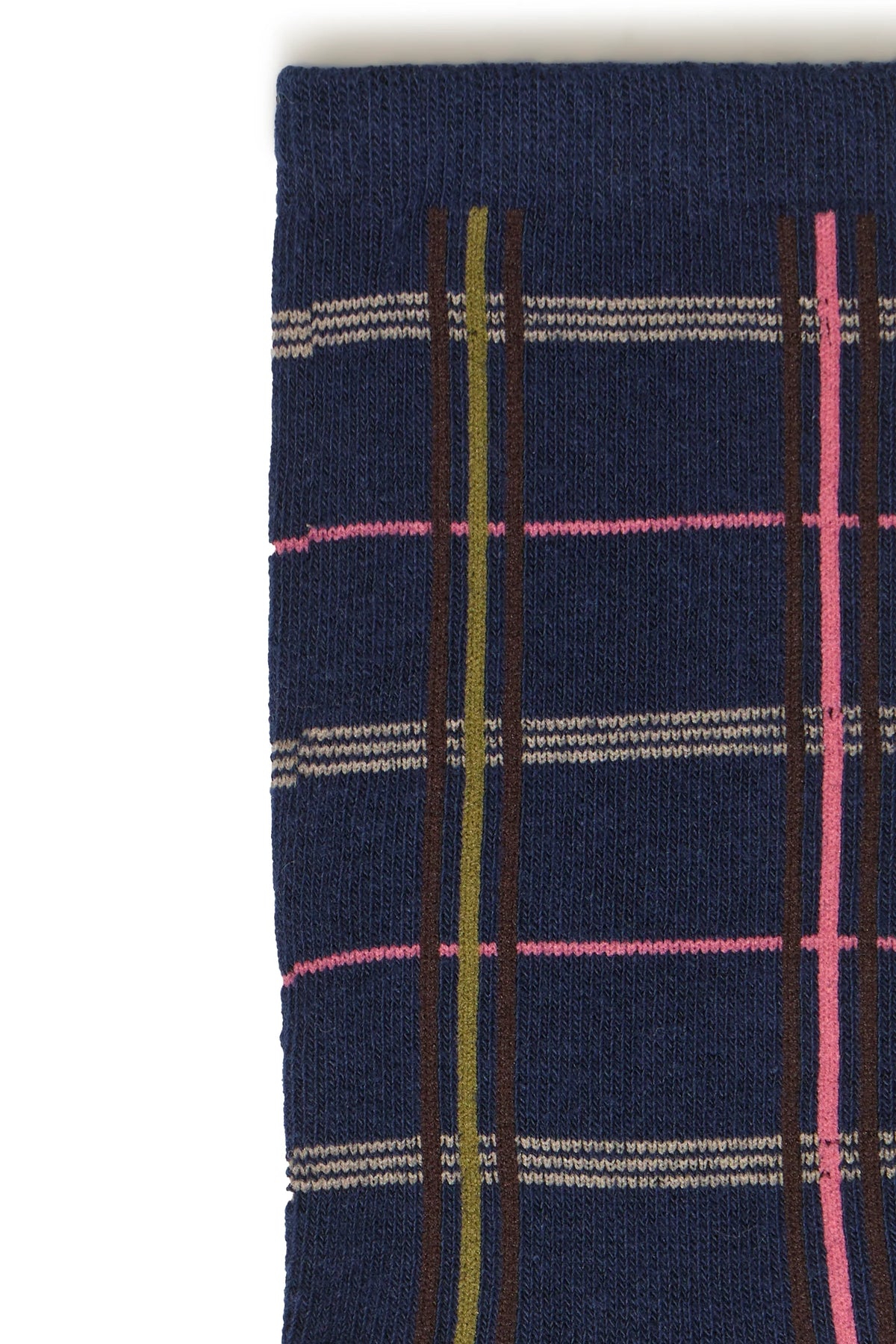 Pair of navy crew socks with pink, olive, and brown plaid pattern by ICHI Accessories