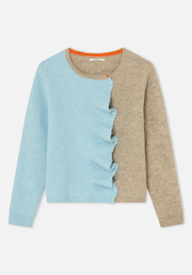 Blue Biscuit Cardigan by Dr Bloom, sky blue and beige colour-block knit cardigan with ruffle button front and orange neckline trim